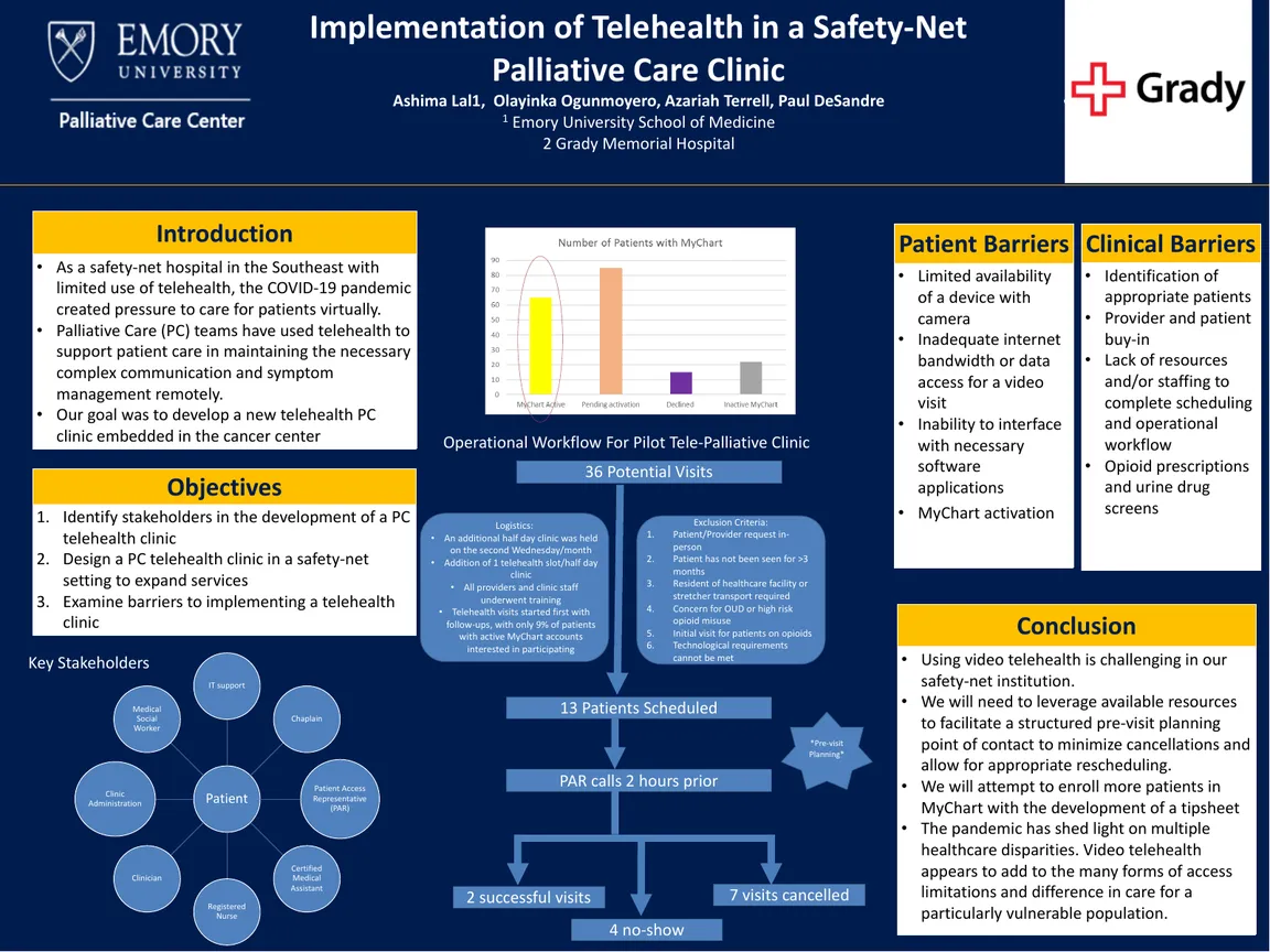 Implementation of telehealth in a Safety-Net Palliative Care (PC) Clinic - Poster Image