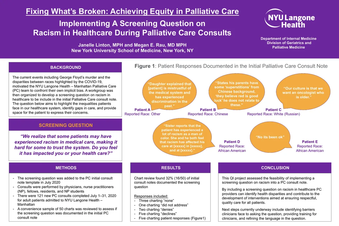 Implementing a Screening Question on Racism in Healthcare During Palliative Care Consults - Poster Image
