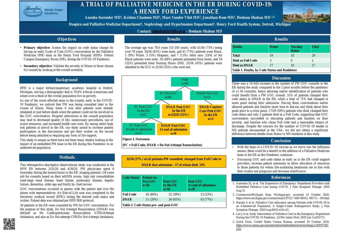 A trial of Palliative Medicine in the ER during the COVID-19 Pandemic: A Henry Ford Experience - Poster Image