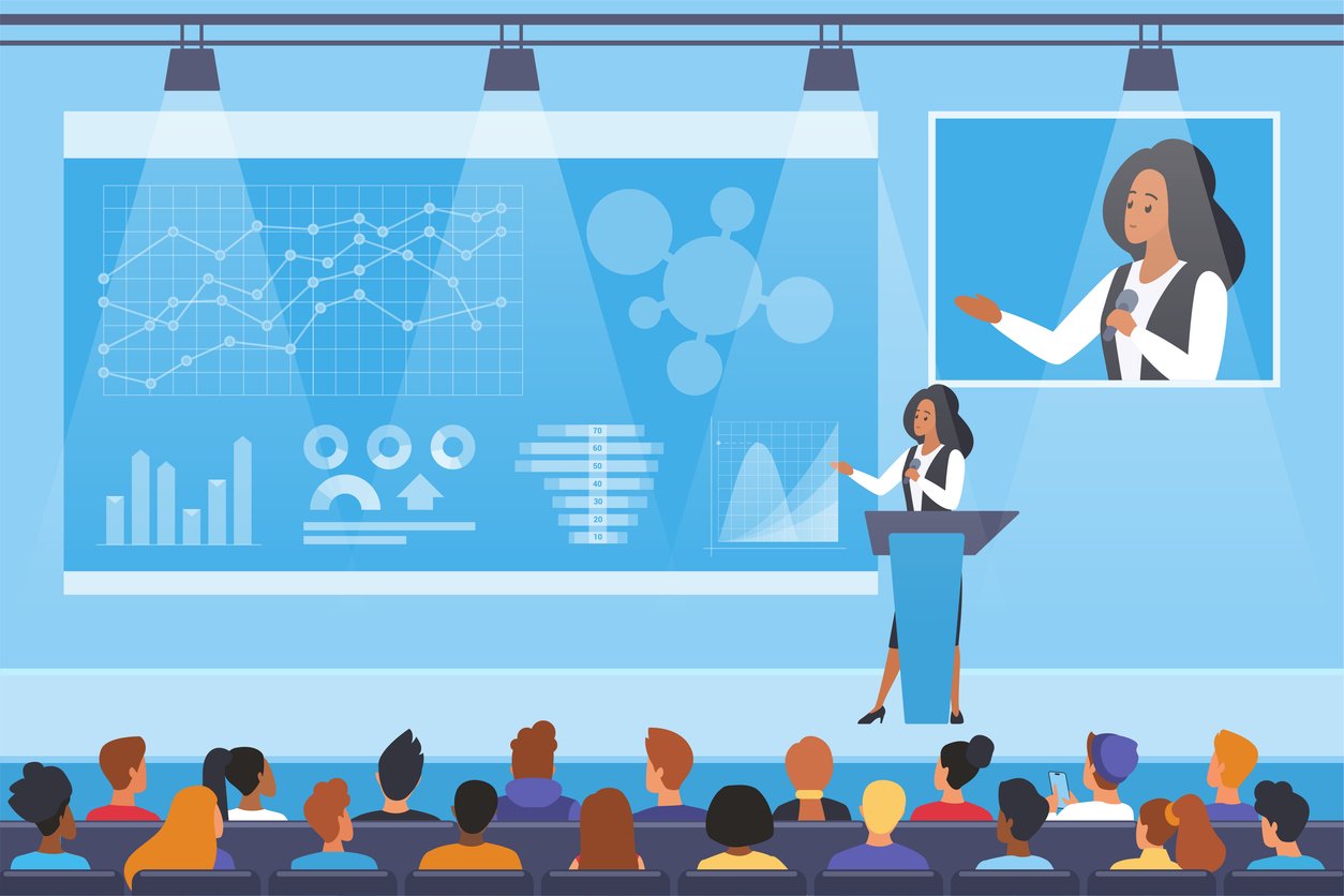 Illustration of a scientist giving a presentation at a science conference to a diverse interprofessional health care audience at a conference