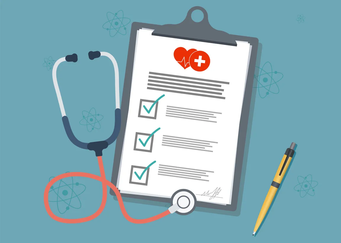 Graphic of clipboard with pen and stethoscope for the blog 'Beyond the Checkboxes: Using Assessment Tools Without Overwhelming Patients or Caregivers'