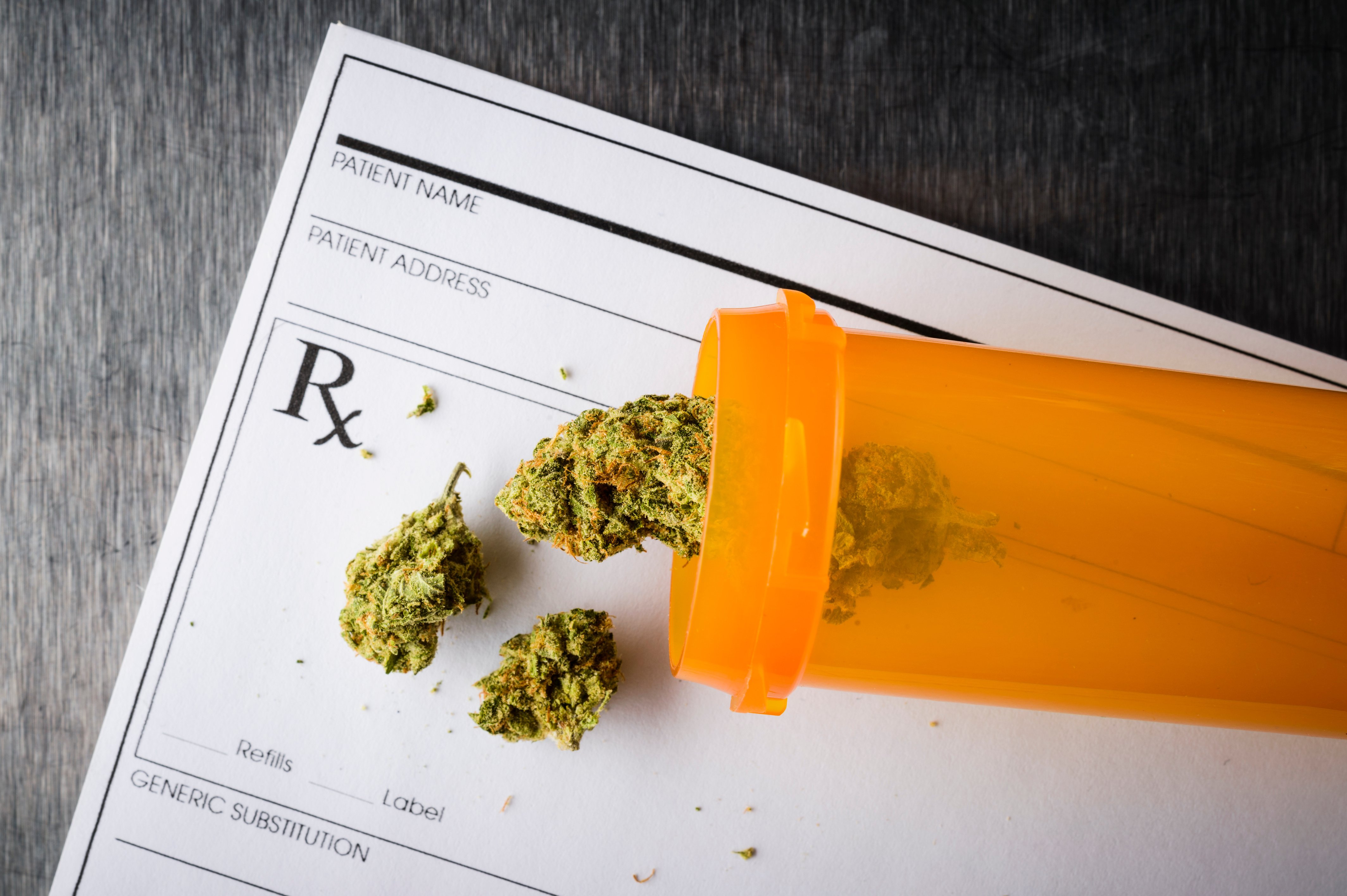Cannabis in prescription bottle on top of prescription pad