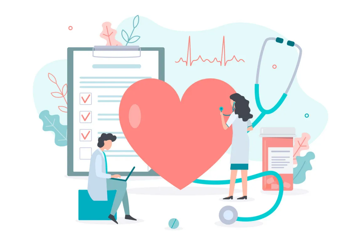 Graphic illustration of a cardiologist and palliative care clinician working together on a patient case