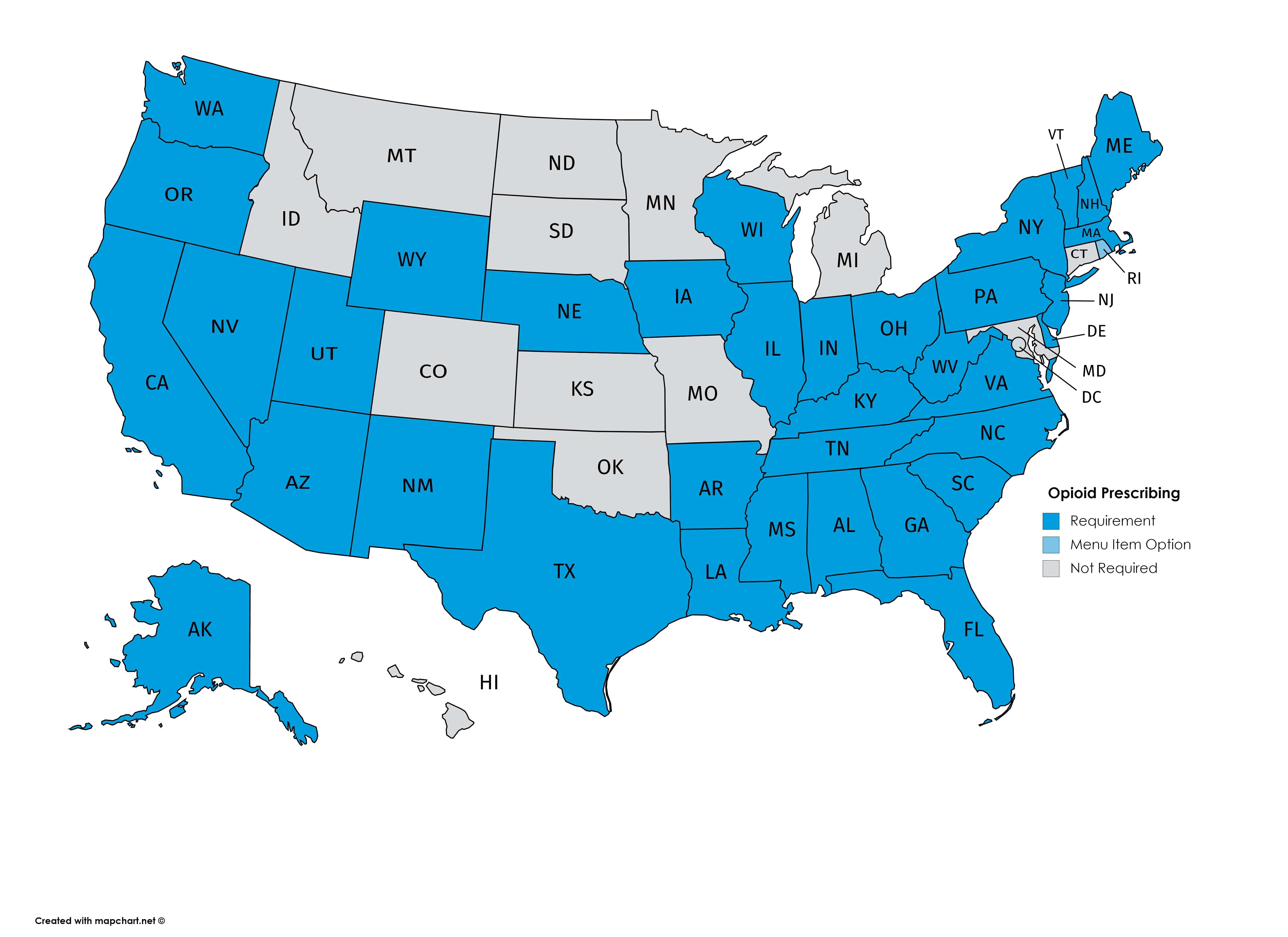 US Map Depicting Continuing Medical Education (CME) on Opioid Prescribing, 2020