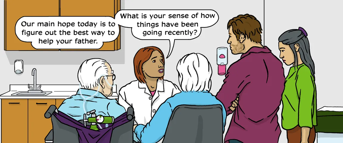 Illustration of a clinician conducting a family meeting