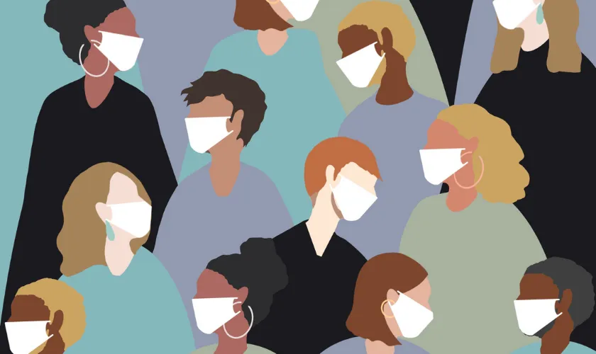 Graphic cartoon image of diverse group of people wearing masks and interacting
