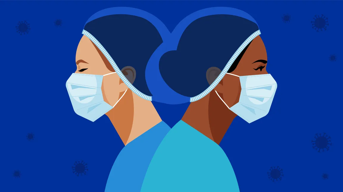 Graphic cartoon image of two clinicians during COVID pandemic