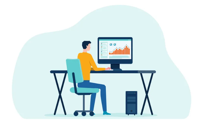 Graphic cartoon of a person working at a computer with a graph displayed