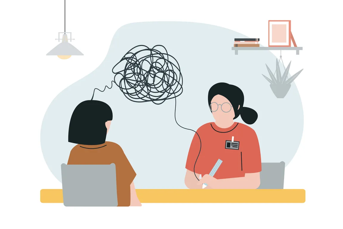 Graphic cartoon of clinical interaction, with a web of feelings above both patient and clincian