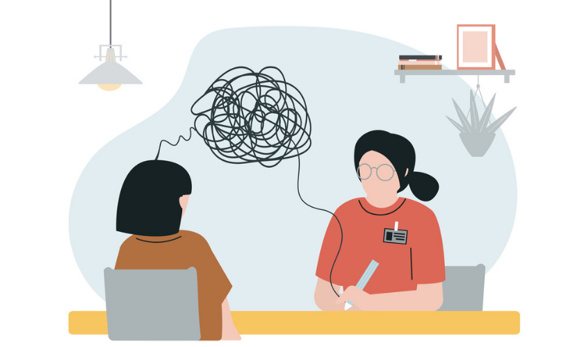 Graphic cartoon of clinical interaction, with a web of feelings above both patient and clinician_840x500