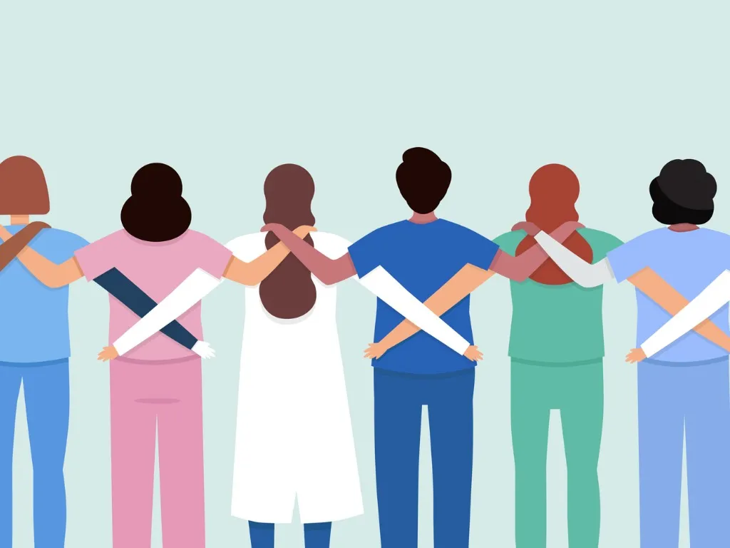 Graphic cartoon of clinicians supporting each other_revised
