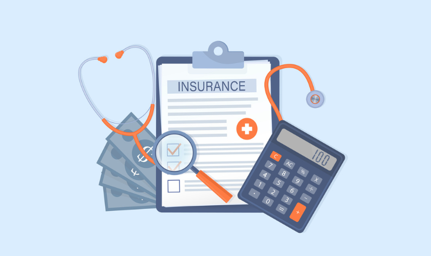 Graphic illustration a clipboard with an insurance document, money, and calculator_840x500