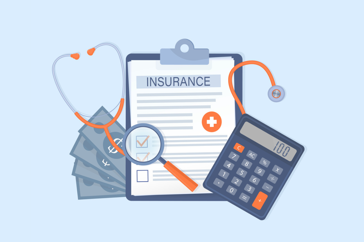 Graphic illustration a clipboard with an insurance document, money, and calculator