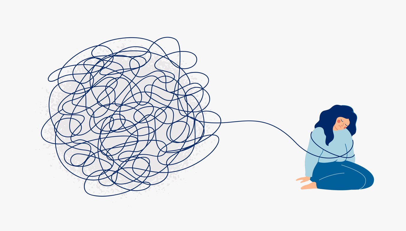 Graphic illustration of a person tangled by burdens she is facing