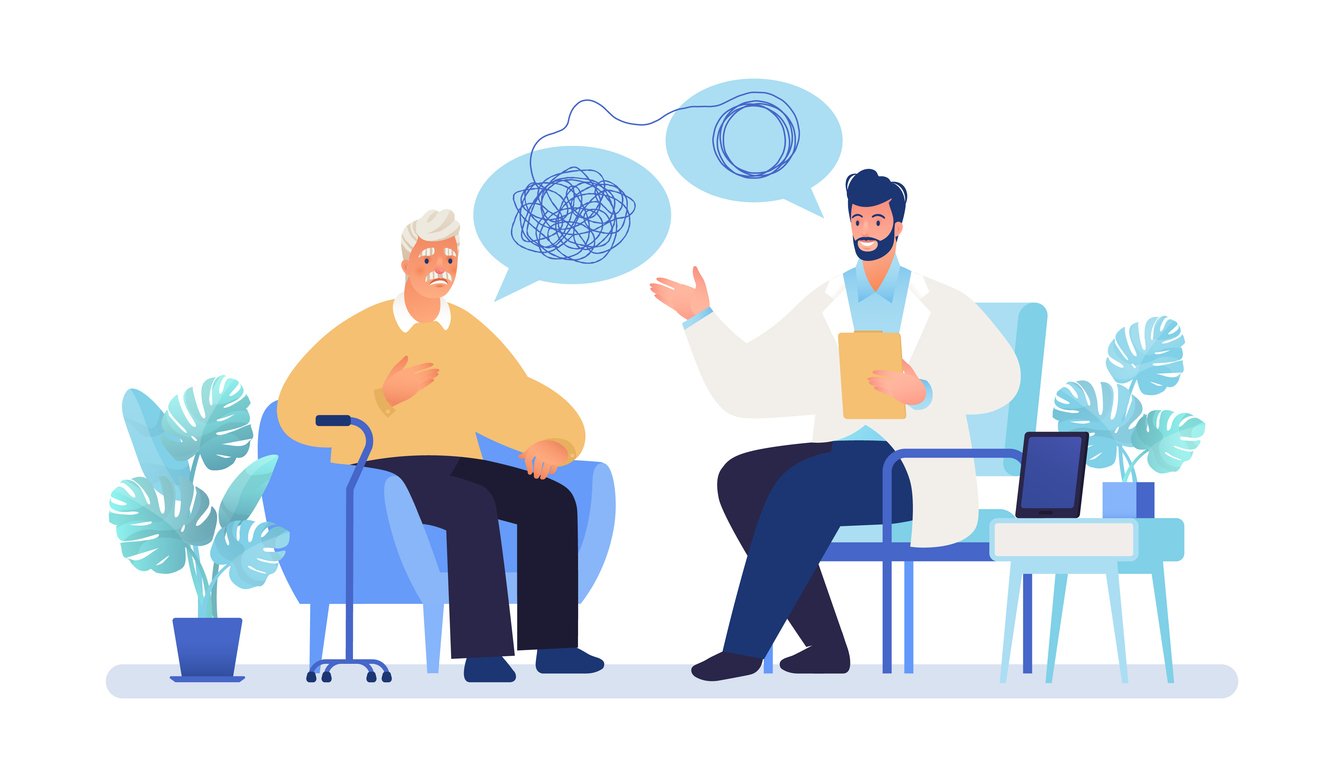 Graphic illustration of clinician listening to patient as they talk about what is on their mind
