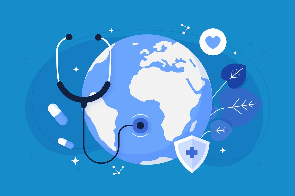 Graphic illustration of the earth with a stethescope checking the pulse