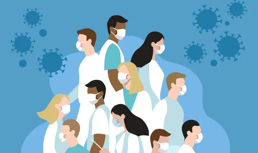 Graphic image of clinical team with masks working during COVID-19