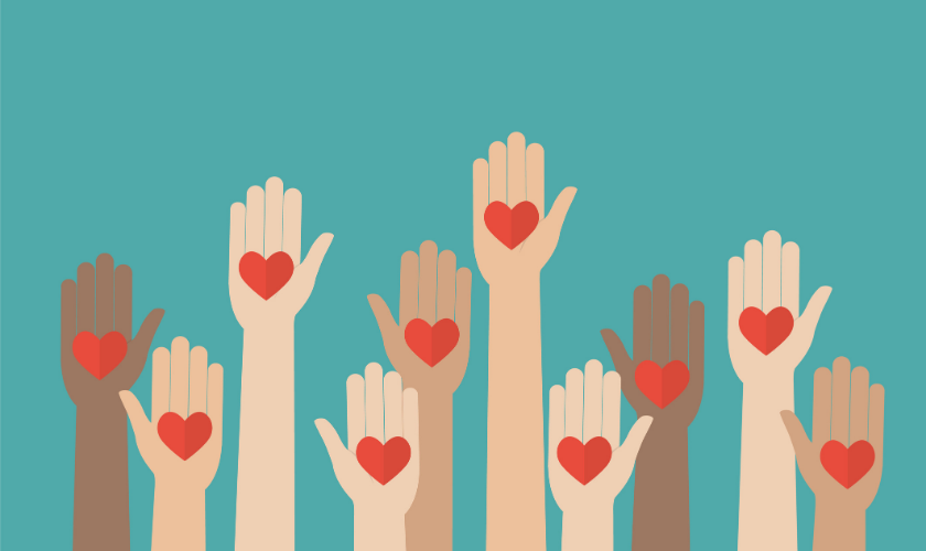 Graphic image of diverse hands being raised in air with hearts over hands