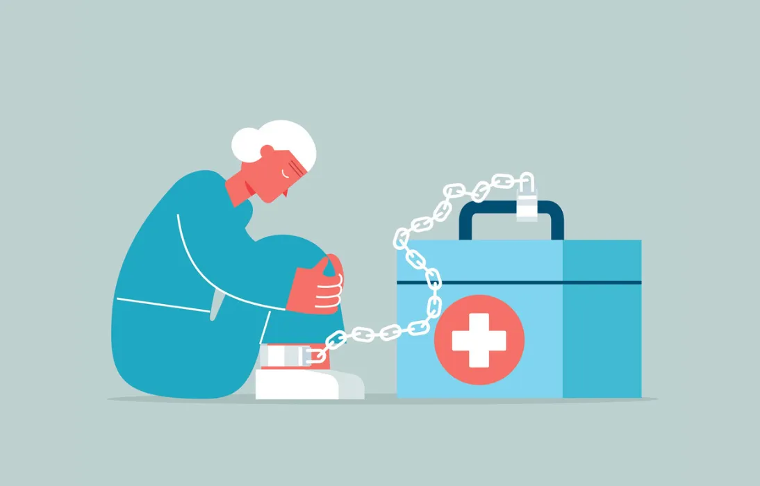 Graphic image of senior man chained to first aid kit_1094x700
