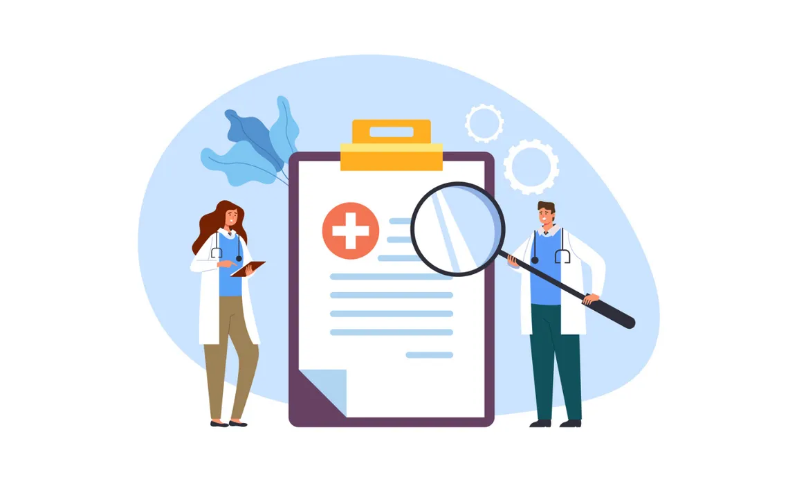 Graphic image of two clinicians looking at a patient chart_1291x816px