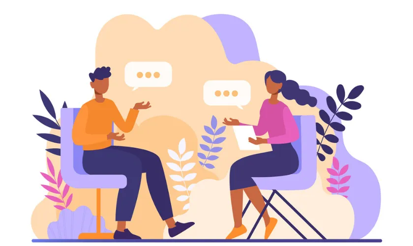 Graphic cartoon of two people sitting in chairs talking_840x500