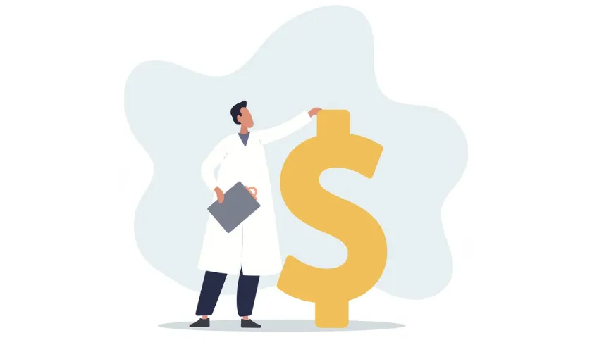 Illustration of a Clinician Standing with a Dollar Sign Performing a Check-Up_840x500