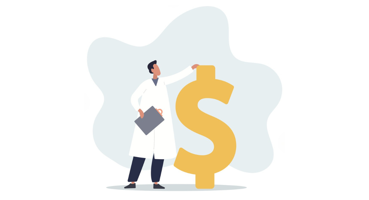 Illustration of a Clinician Standing with a Dollar Sign Performing a Check-Up
