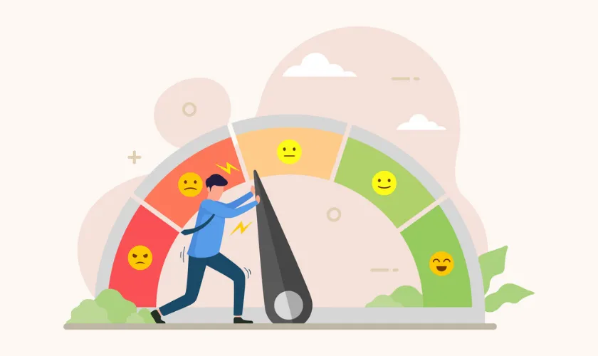 Illustration of a Man Pushing the Dial of a Stress Meter Away from Angry, Symbolizing Managing Patient Distress_840x500