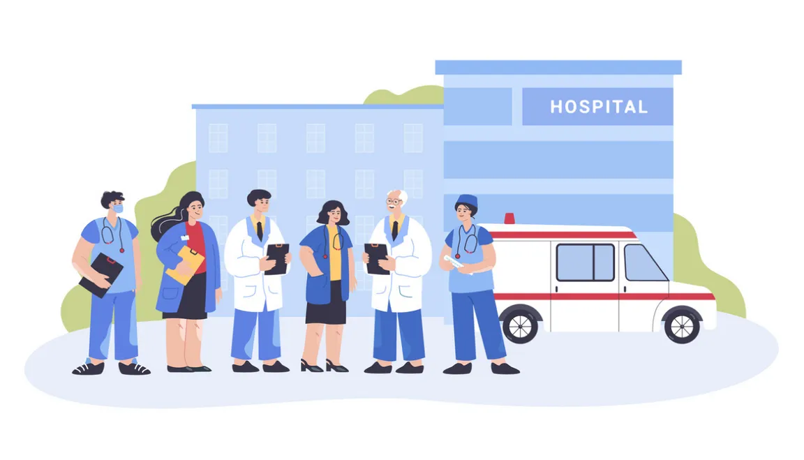 Illustration of a team of medical professionals standing outside of a hospital and working together - 1254 x 718