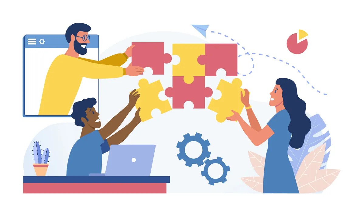 Illustration of a team working together to build a puzzle