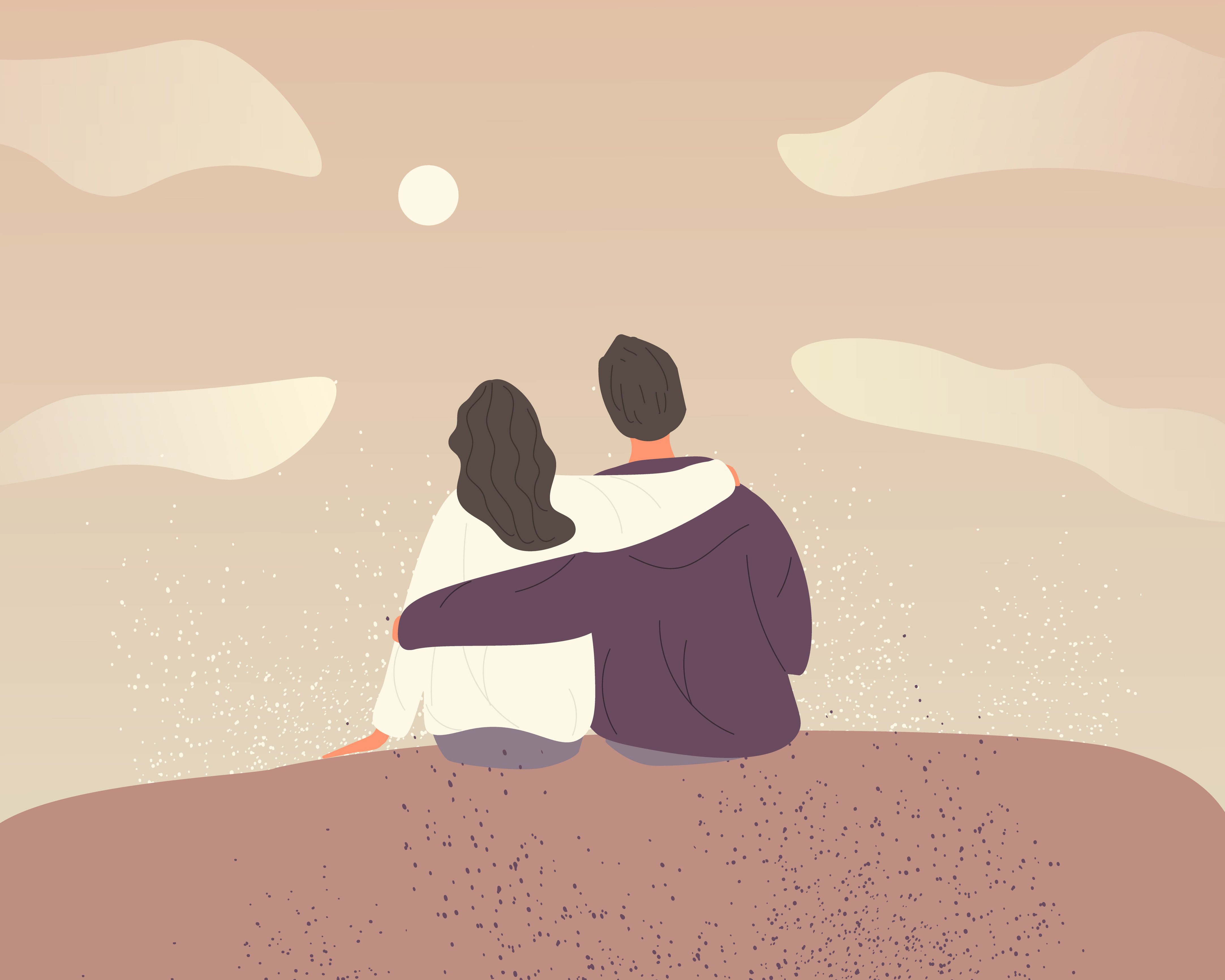 Illustration of couple sitting on mountain with arms around each other