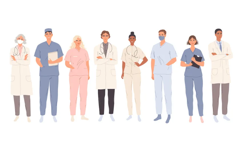 Illustration of different health care professionals on a multigenerational team - 840x500