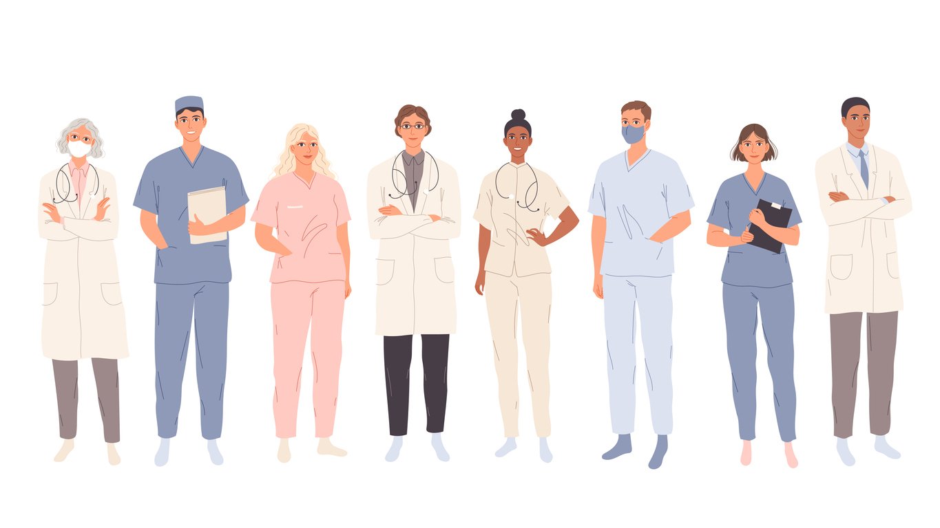 Illustration of different health care professionals on a multigenerational team