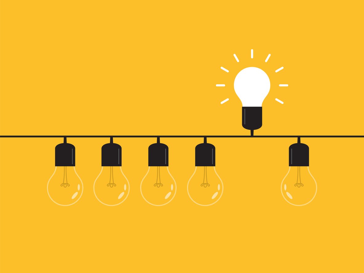 Illustration of six lightbulbs against a yellow background, only one turned on