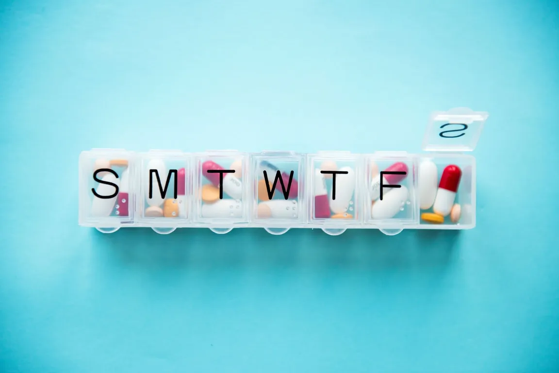 Medicine in a weekly pill container