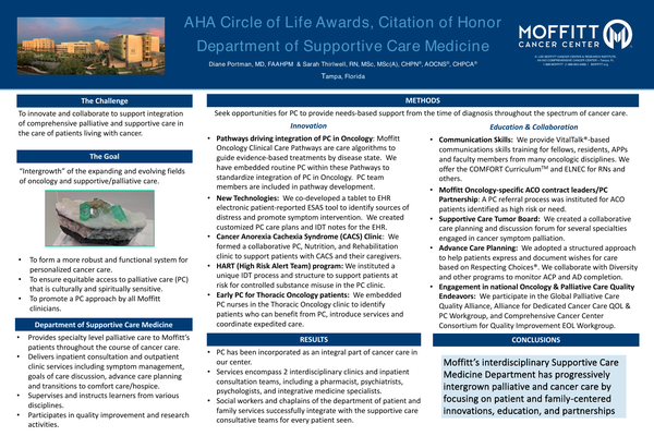 Aha Circle Of Life Awards Citation Of Honor Department Of Supportive Care Medicine Moffitt Cancer Center Center To Advance Palliative Care