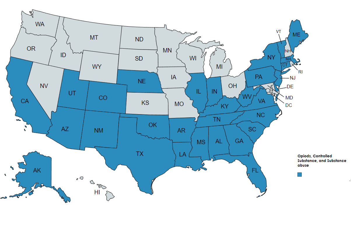 Map of the United States detailing which states have requirements for opioid prescribing