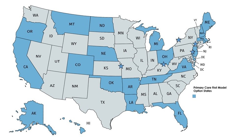 States that have Primary Care First Model Options, Highlighted in Blue
