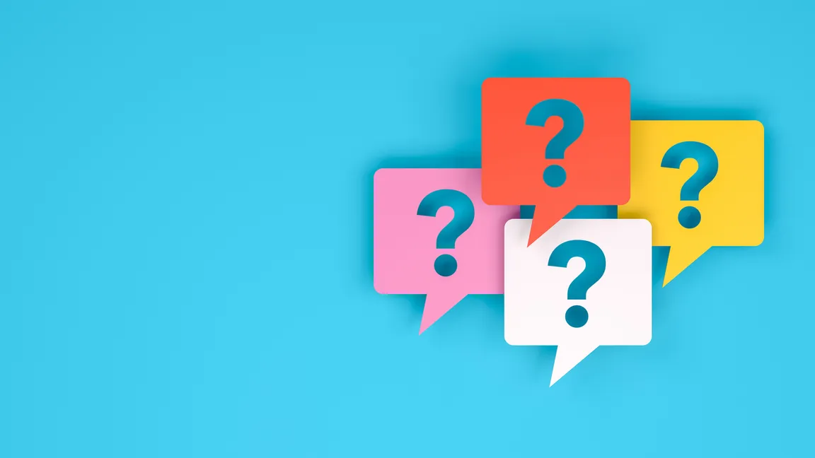 Question marks in speech bubbles on a blue background